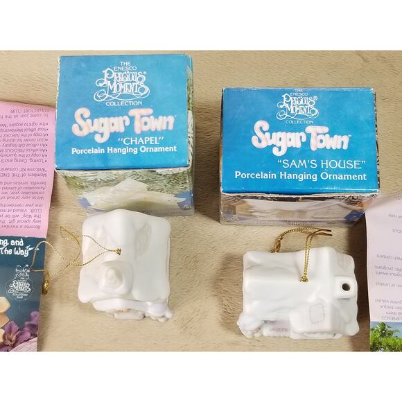 Enesco Sugar Town Chapel 1993 & Sam's House 1994 Ornament Porcelain White x2 Vtg - Picture 6 of 15